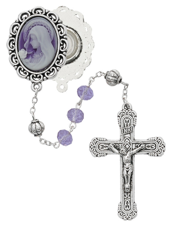 8mm Violet Cameo Rosary with Lourdes Water Center R882F