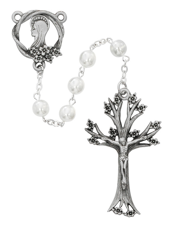 7mm White Glass Dogwood Rosary R706DF