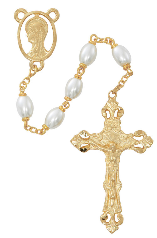 Oval Glass Pearl Rosary with Gold Plated Crucifix R1025HF