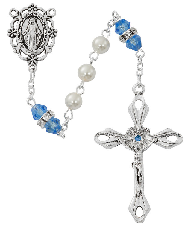 6mm Pearl Rosary with Light Blue Our Father Beads R917ZRKF