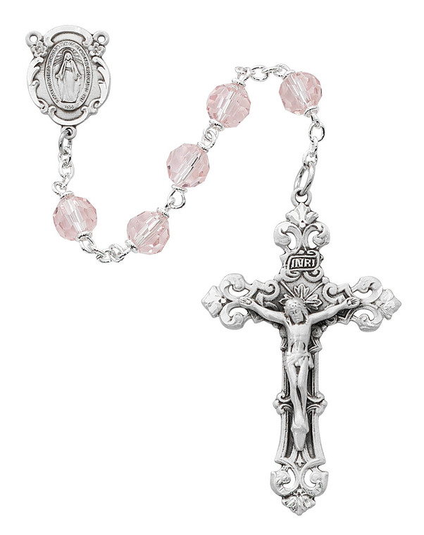 Rhodium 7mm Pink Tin-Cut Bead Rosary R479RF