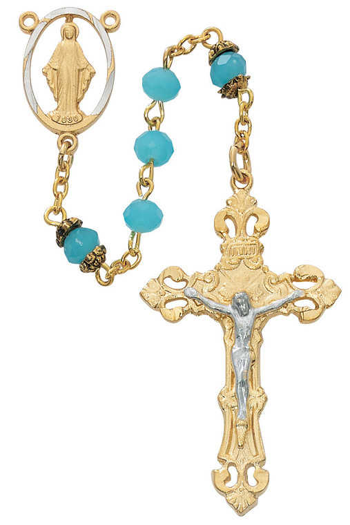 6mm Gold Plated Aqua Bead Rosary R710HF