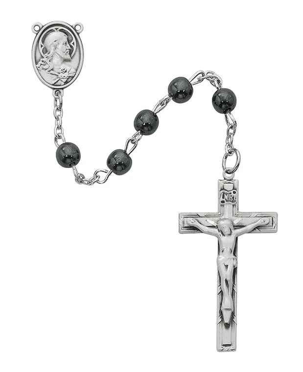 6mm Genuine Hematite Rosary with Sterling Silver Crucifix and Center R936LB