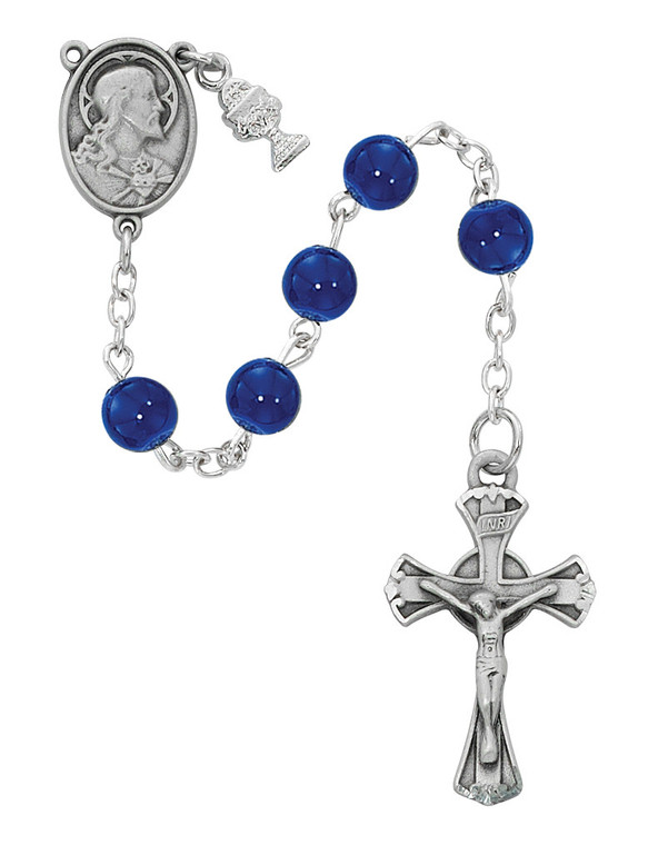 6mm Blue Glass First Communion Rosary with Chalice C70RB