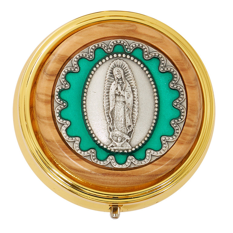 Our Lady of Guadalupe Gold Keepsake Box with Olive Wood and Enamel 119-24