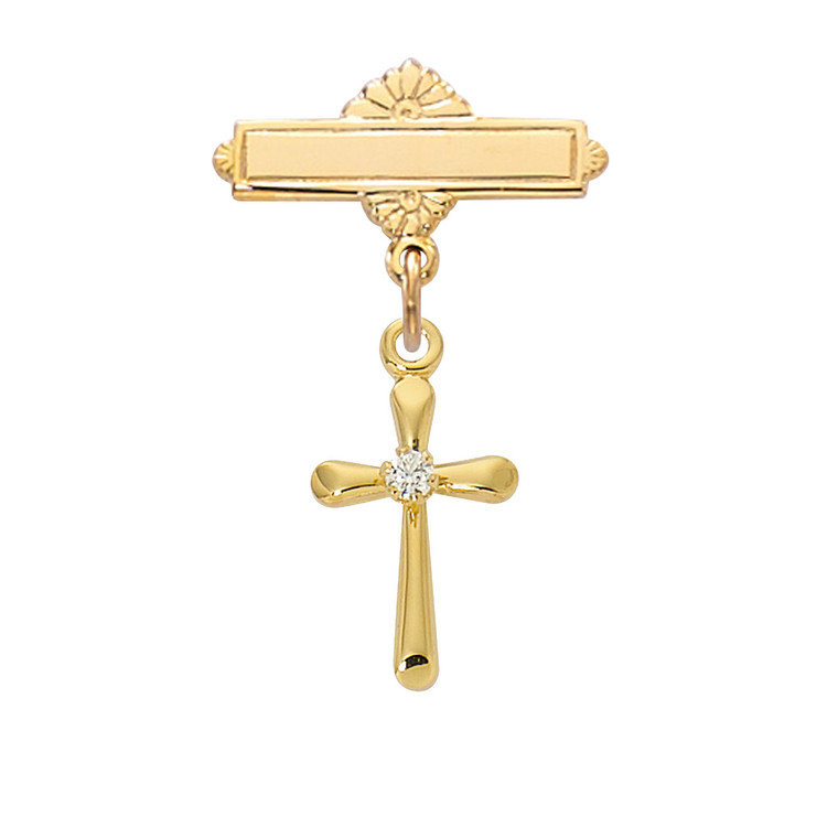 Gold over Sterling Silver Cross Baby Pin with Crystal Stone 455J