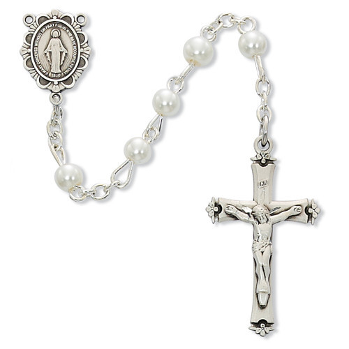 5mm White Pearl First Communion Rosary with Sterling Silver Crucifix and Center C18LW