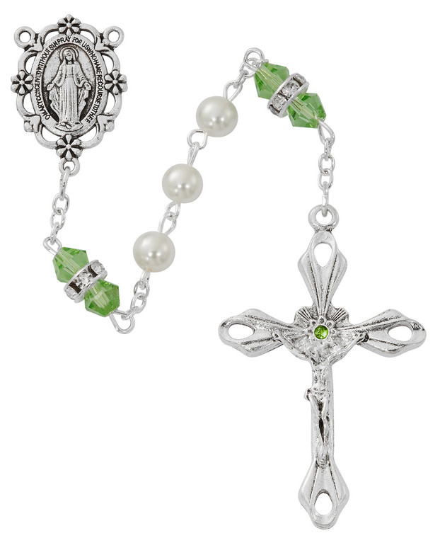 6mm Pearl Rosary with Peridot-Colored Our Father Beads R917PEKF