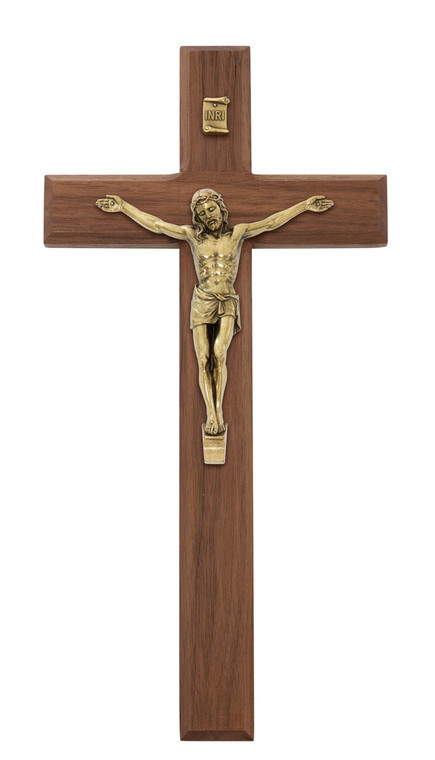 12" Beveled Walnut Wall Crucifix with Silver Corpus 80-214