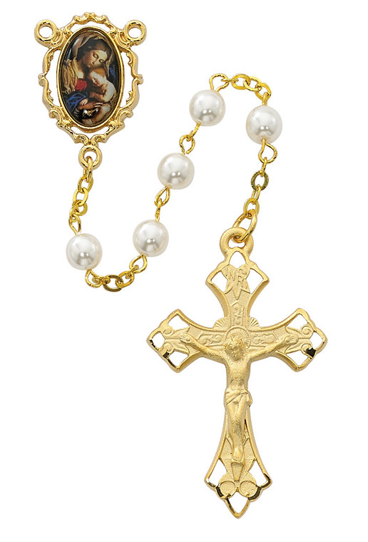 6mm Pearl Glass Mother and Child Rosary, Gold Plated Pewter R600HF