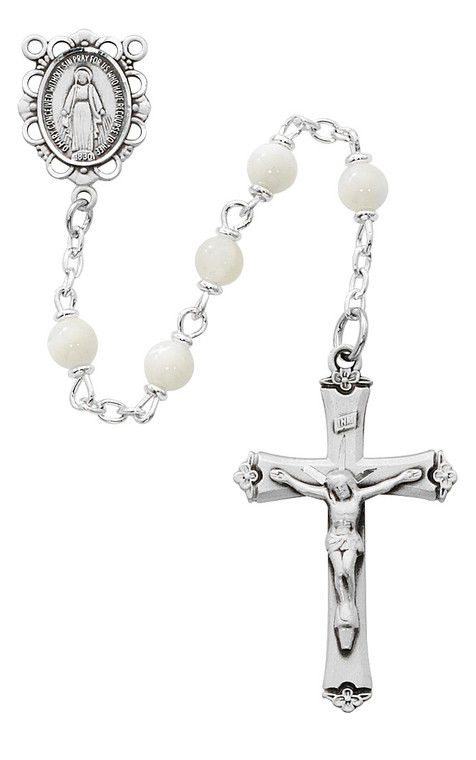 5mm Genuine Mother of Pearl Rosary with Sterling Silver Crucifix and Center R389LF