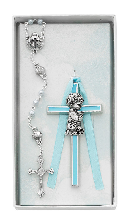 Blue Crib Cross with Rosary and Shells for Baby Boy BS52