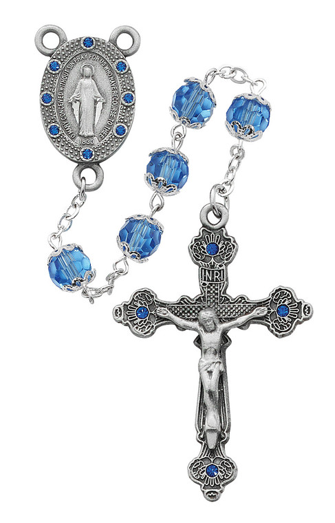 7mm Blue Glass Capped Rosary with Jeweled Pewter Crucifix R607DF