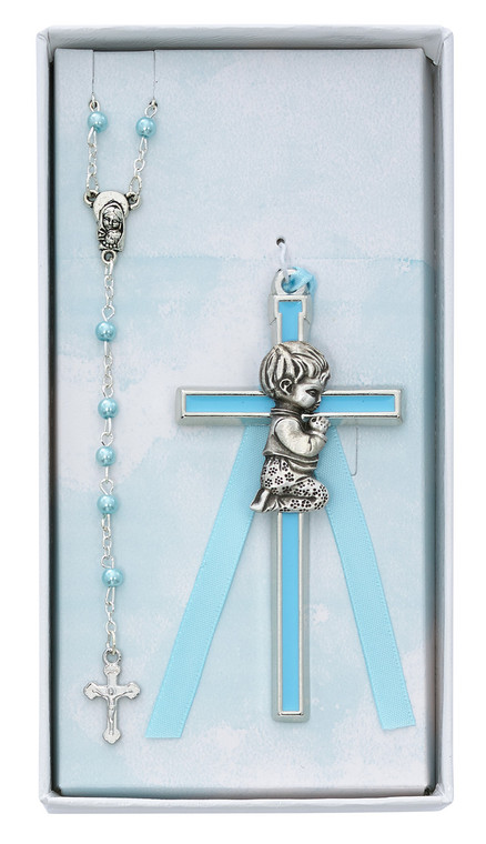 Boy's Cross and Blue Pearl Rosary Gift Set BS49