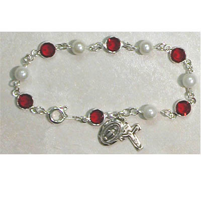 Sterling Silver 7 1/2" Red Crystal and Pearl Bracelet BR230