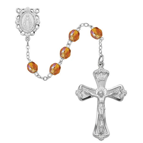 6mm Topaz-Colored Bead Rosary with Rhodium Crucifix 880-TOKF
