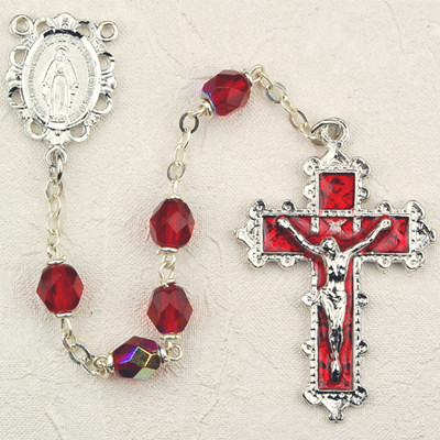 6mm Ruby Color Bead Rosary with Rhodium Crucifix 879-RUKF