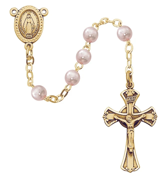 3mm Pink Pearl Glass Rosary with Gold Plated Crucifix 201H-PKG