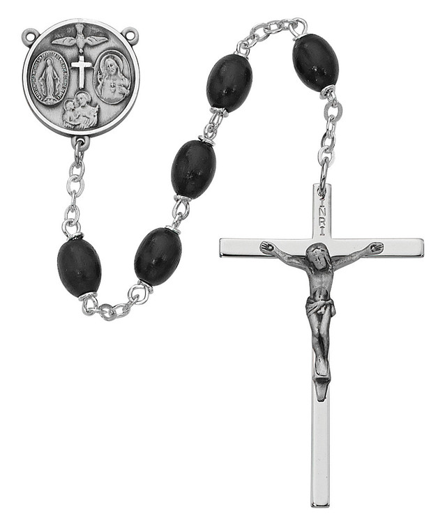 6x8mm Black Wood Rosary with Sterling Silver Crucifix and Center 137L-BKF
