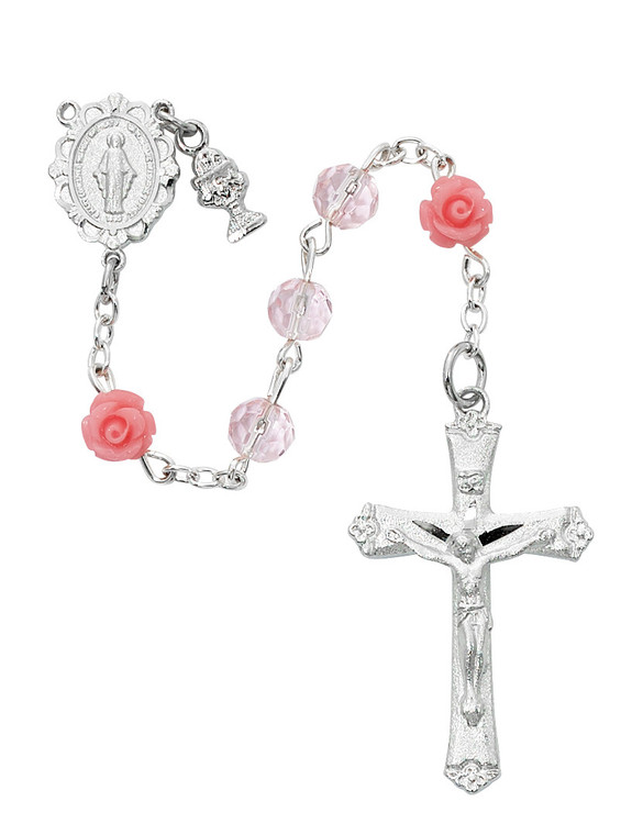 Pink Crystal and Flower First Communion Rosary R785W