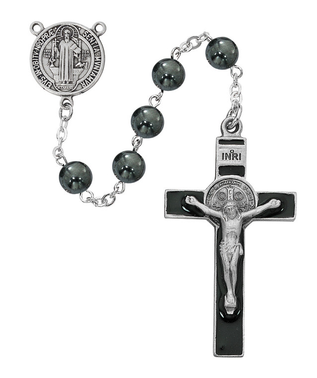 8mm Hematite St. Benedict Rosary with Black Epoxy Crucifix R974F