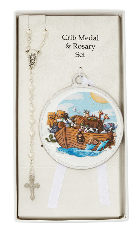 3D White Enamel Noah's Ark Crib Medal with Pearl Rosary BS70