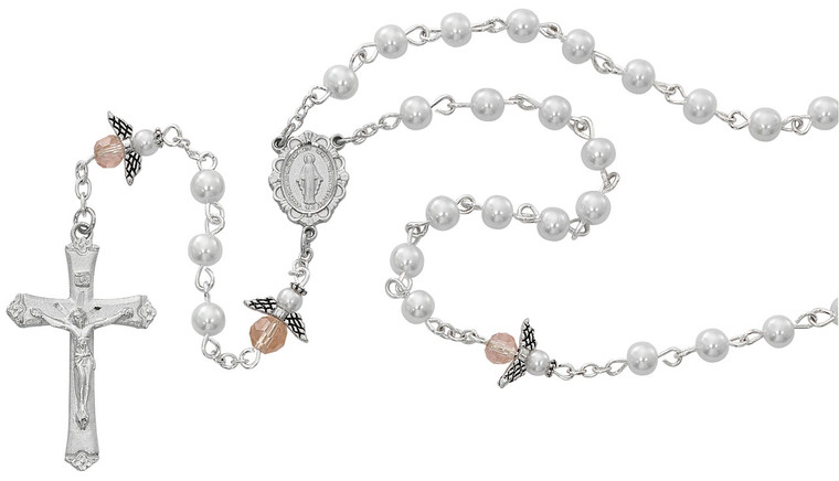 5mm White Pearl Rosary with Pink Angel Our Father Beads R553G