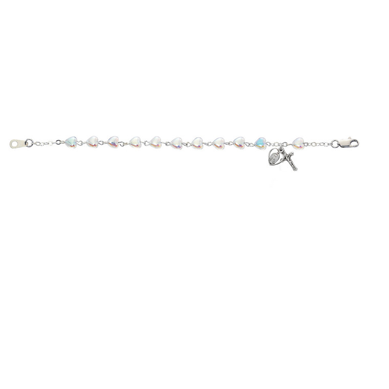 Crystal Heart Bead Bracelet with Sterling Silver Crucifix and Miraculous Medal 6 1/2" BR72WM