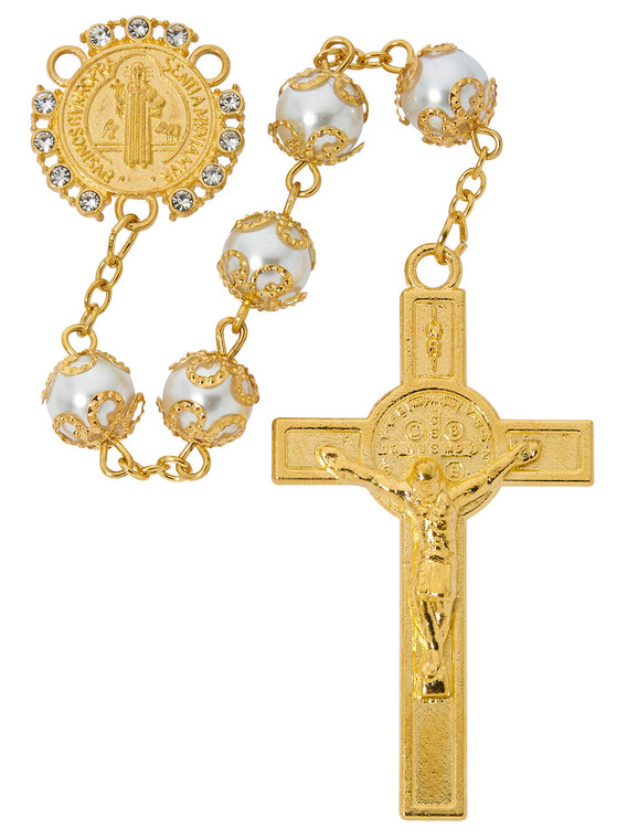 8mm Gold Tone Pearl St. Benedict Rosary R980F