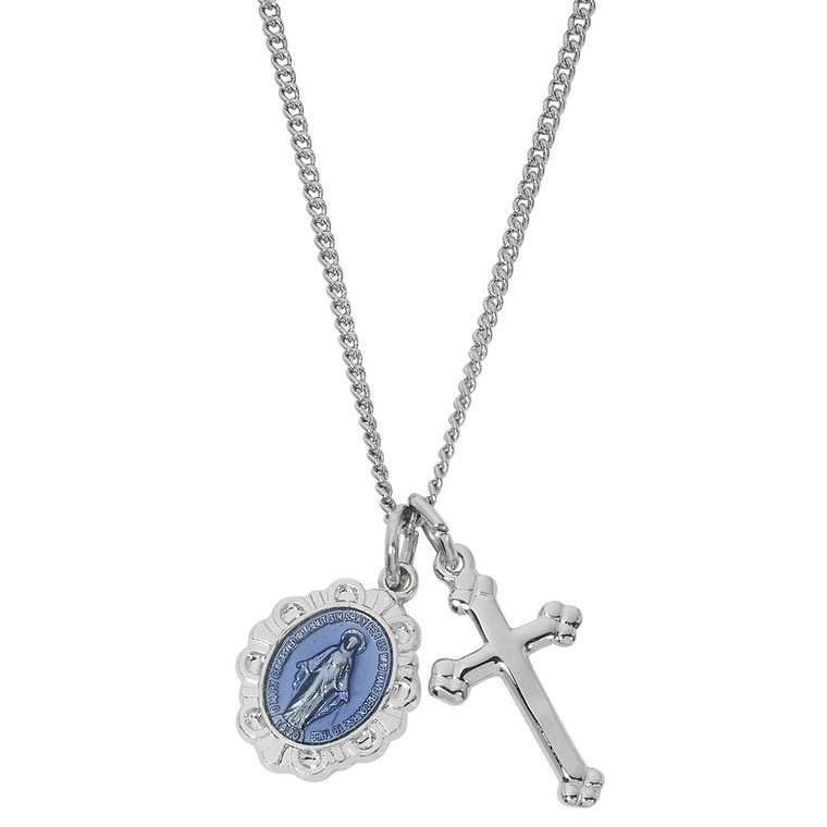 Sterling Silver Budded Cross and Blue Miraculous Medal on 16-18" Chain LD106