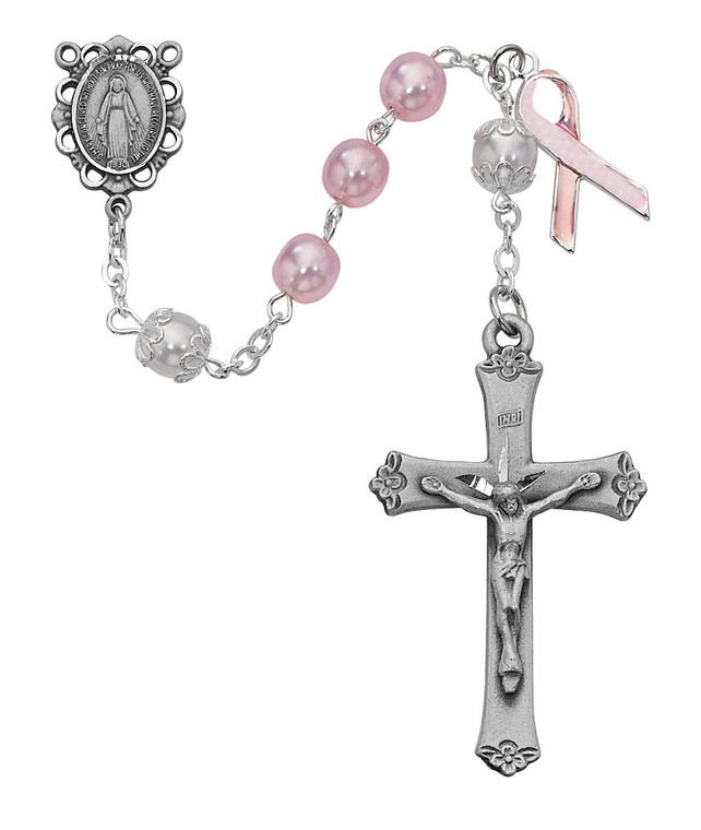 7mm Pink Pearl Cancer Awareness Rosary with Sterling Silver Crucifix and Center 791LF