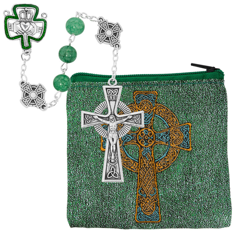 8mm Green Glass Irish Rosary with Celtic Cross Our Father Beads and Pouch P626RP