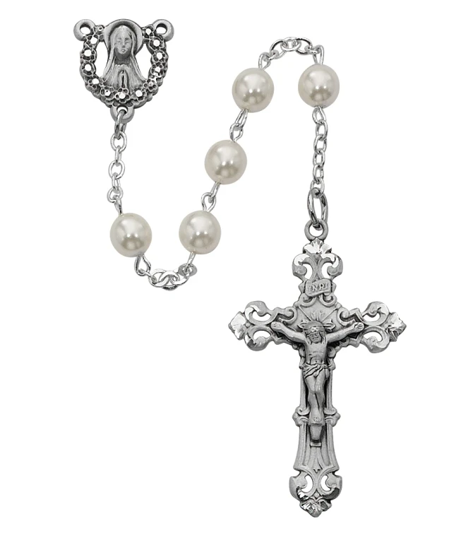 6mm Pearl Rosary with Rhodium Crucifix R274RF