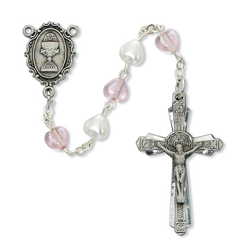 5mm Pink Pearl Heart First Communion Rosary with Chalice C86DW