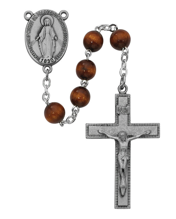 Brown Wood Bead Rosary with Sterling Silver Crucifix and Center R435LF