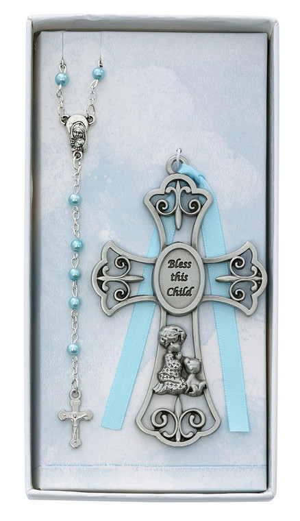 Bless the Child Baby Boy Crib Cross and Blue Pearl Rosary Set BS60