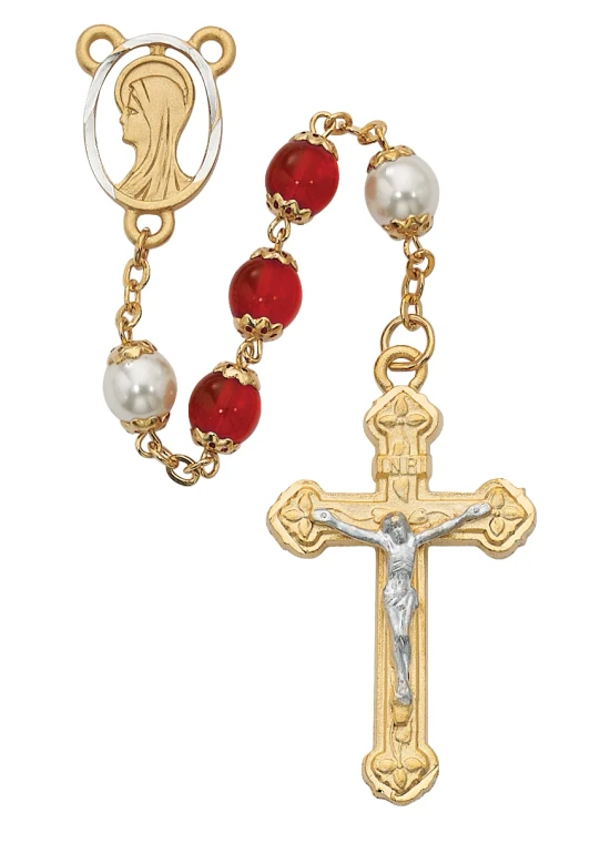 8mm Red and Pearl Capped Bead Rosary with Gold Plated Crucifix 452HF