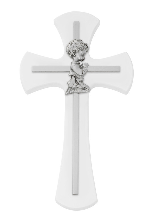 7" Boy's Baptism Cross on White Wood Wall Plaque 73-79