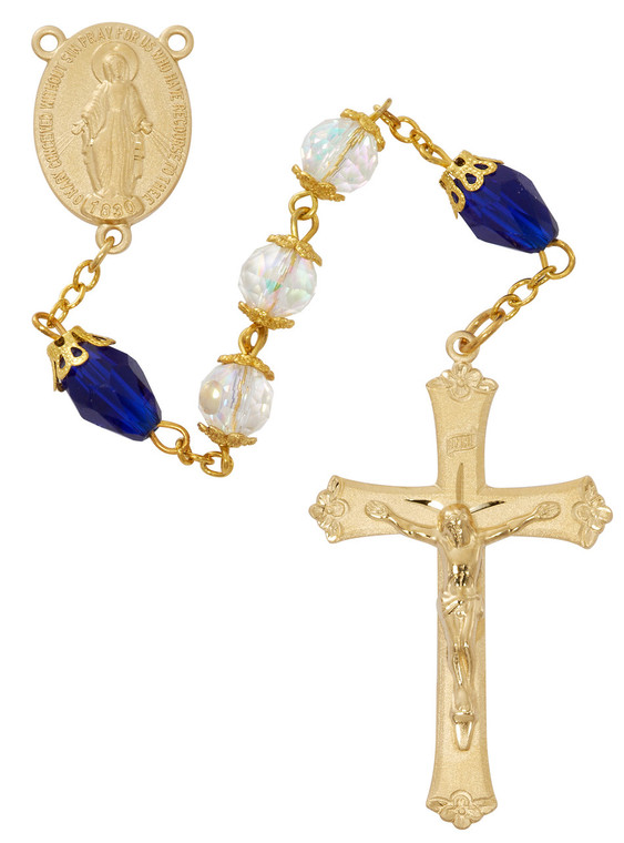 8mm Capped Crystal Rosary with Blue Teardrop Our Father Beads R997HF
