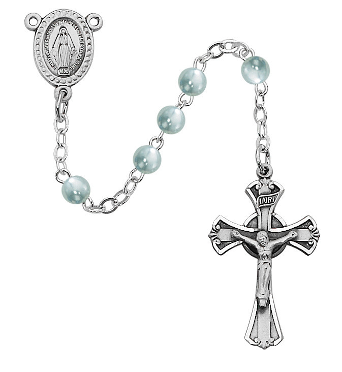 Petite 3mm Blue Pearl Rosary with Sterling Silver Crucifix and Center 201L-BLG