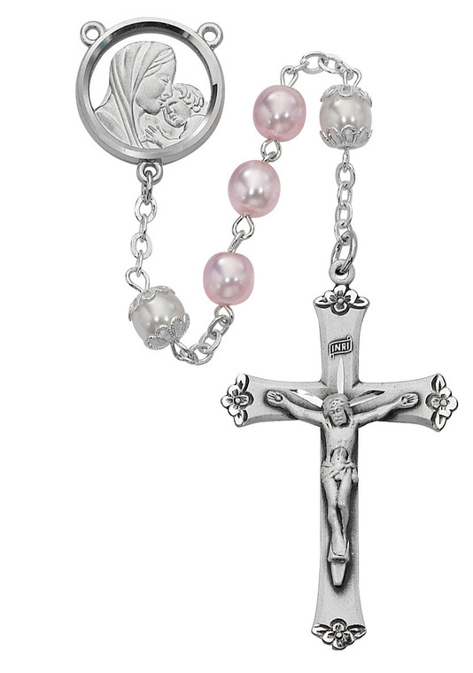 7mm Pink and Pearl Rosary with Sterling Silver Crucifix and Center 592LF
