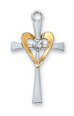 Sterling Silver Cross with Gold Heart on 18" Chain L9117