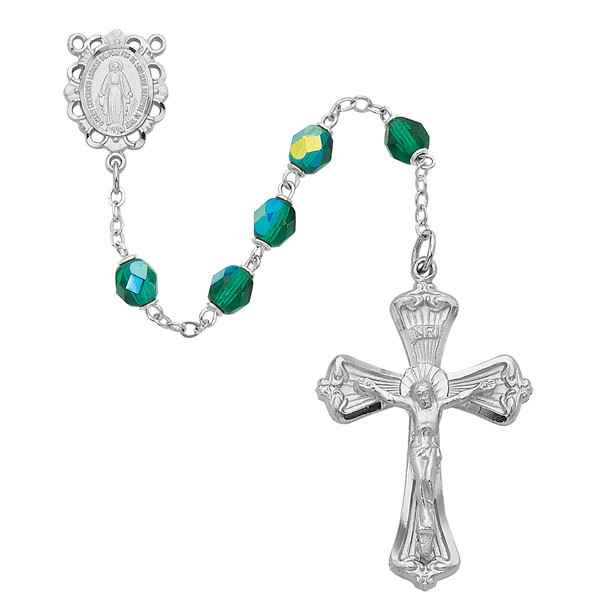 6mm Emerald Green Rosary with Rhodium Crucifix 880-EMKF