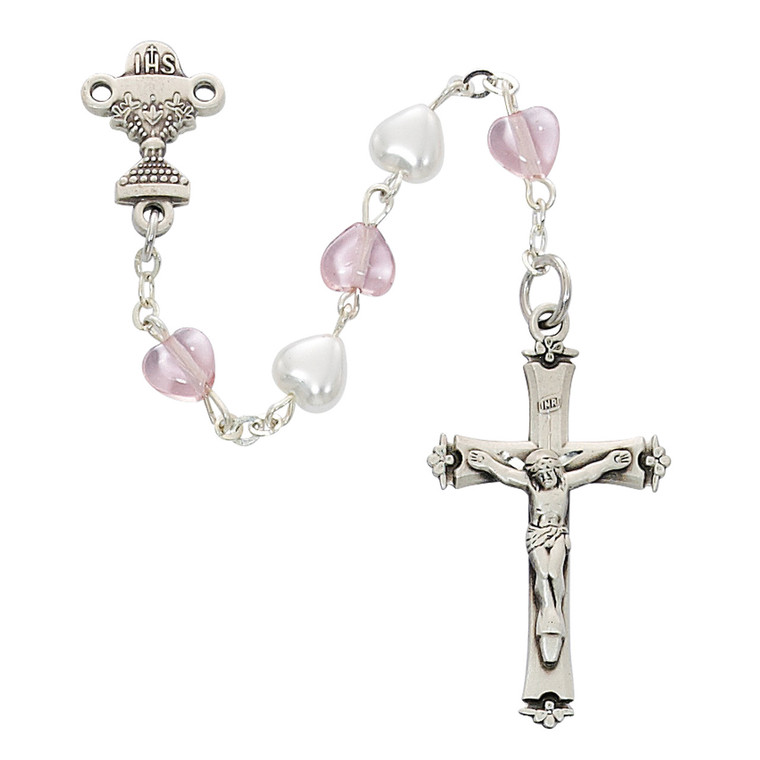 White and Pink Heart Bead First Communion Rosary with Rhodium Chalice C81RW