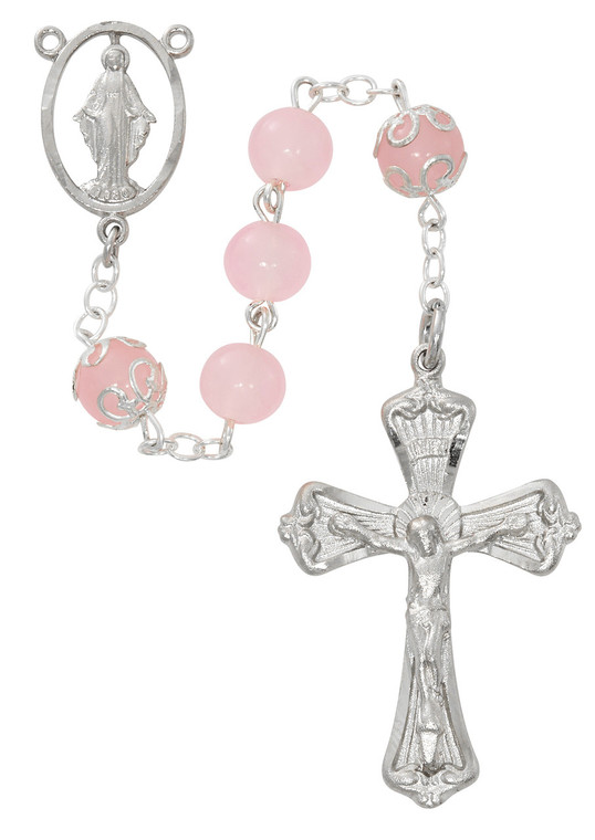 Pink Glass Capped Our Father Bead Rosary R986RF