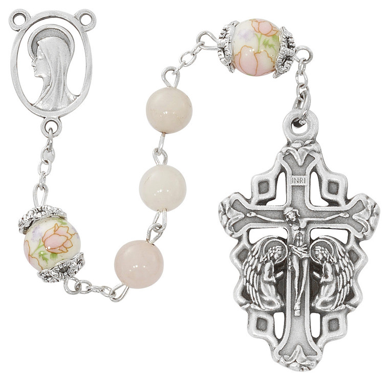 Adoration 8mm Rose Quartz Rosary with Praying Angel Crucifix R927F
