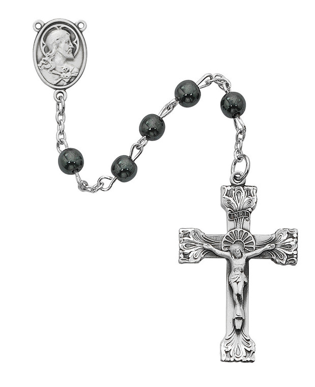 Genuine Hematite 6mm Rosary with Sterling Silver Crucifix and Center 163LF