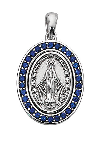 Sterling Silver Blue Stone Miraculous Medal on 18" Chain L698