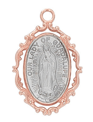 Rose Gold and Sterling Silver Our Lady of Guadalupe Medal on 18" Chain JR785
