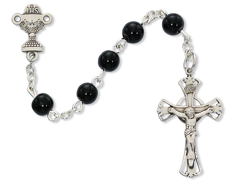 5mm Black Glass First Communion Rosary with Rhodium Crucifix C15RB